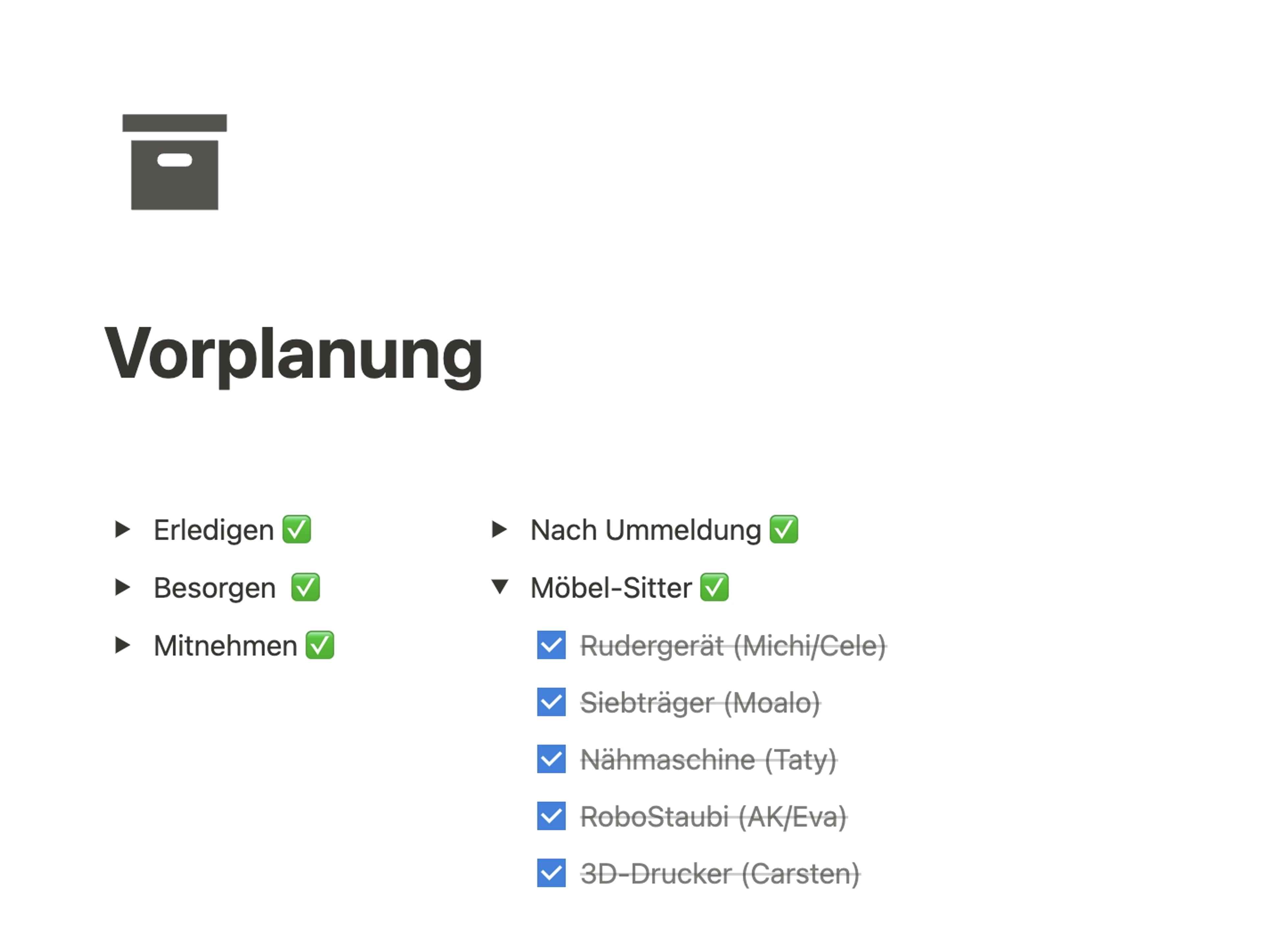 Weiße Notion Seite mit Überschrift „Vorplanung“ und Listen mit grünem Haken wie „Erledigen“, „Besorgen“, „Mitnehmen“.