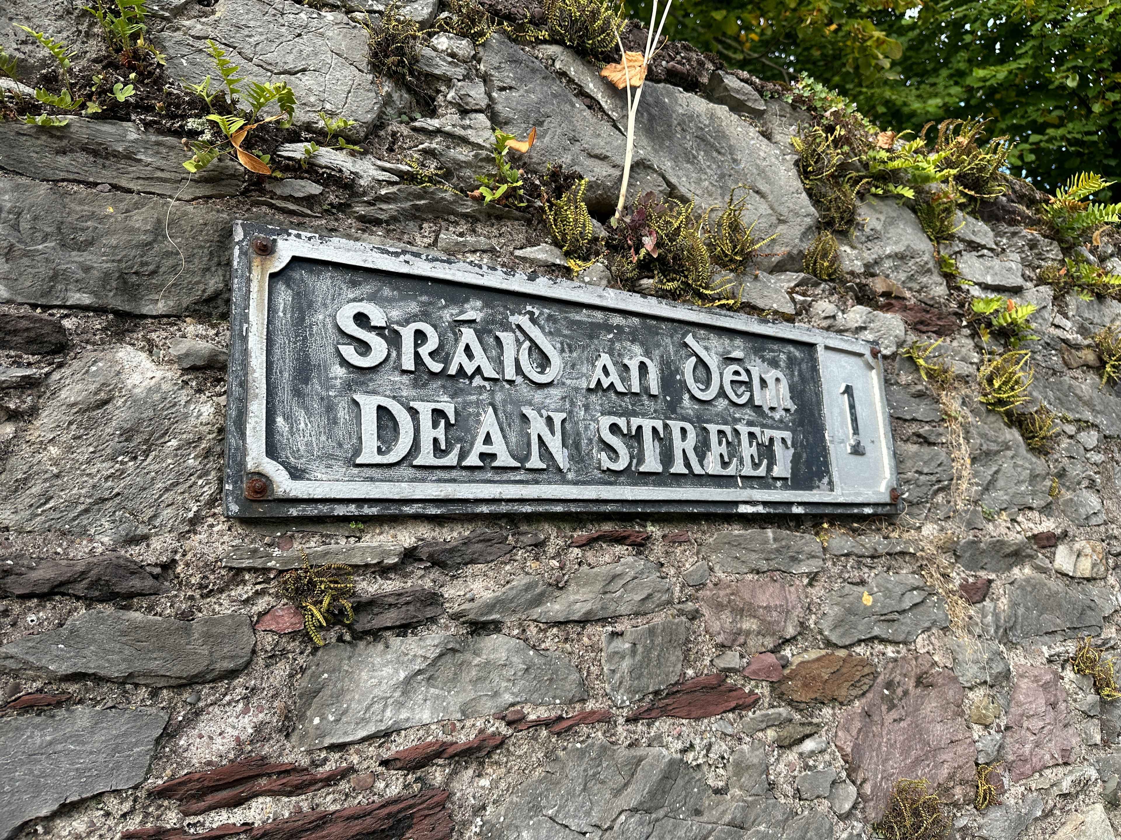 Historisches silbernes Straßenschild auf einer mit Moos durchzogenen Steinmauer mit gälischer Aufschrift: „Sráid an Dinn“