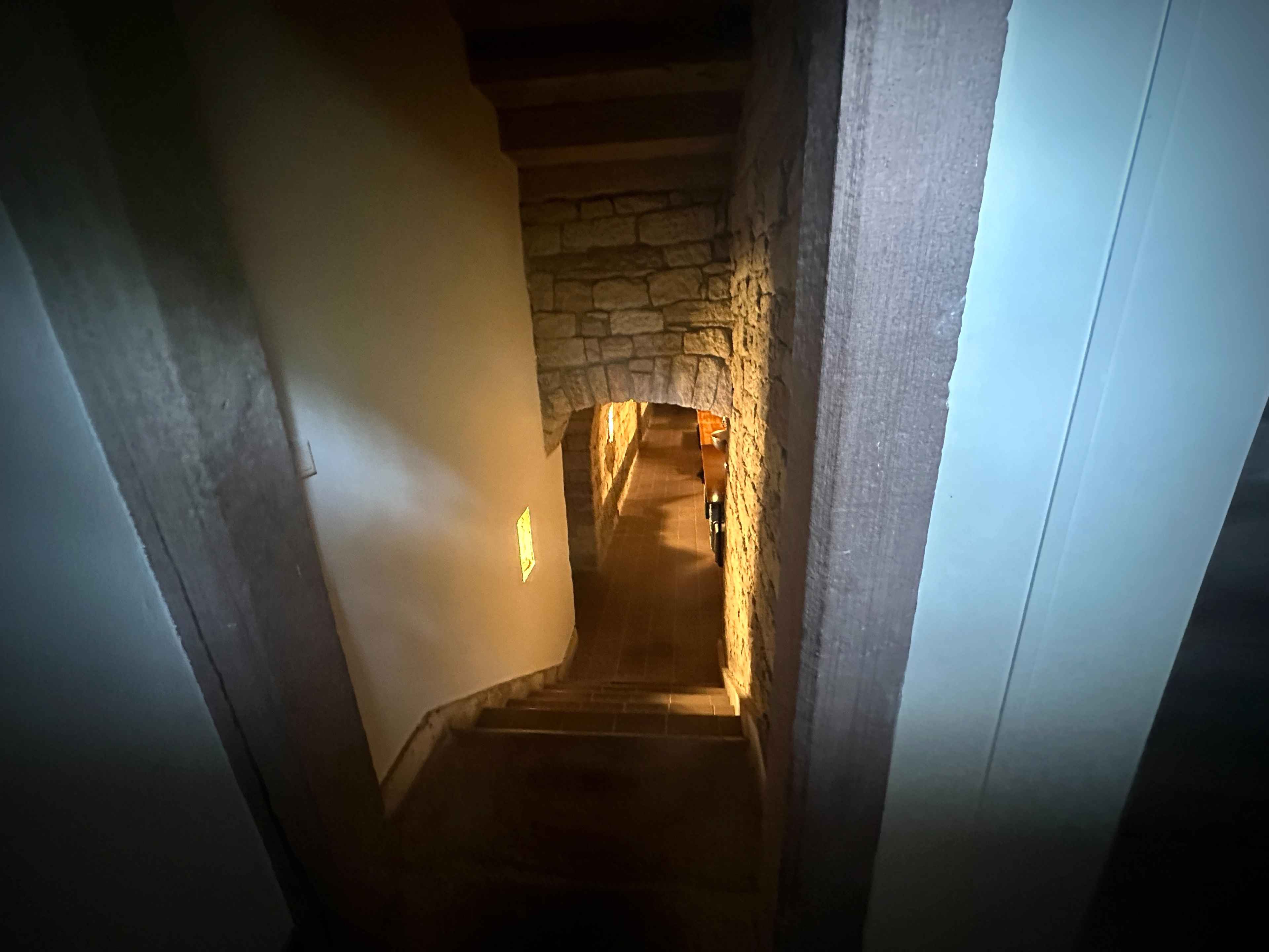Blick hinunter in den historischen Gewölbekeller mit steinerner Treppe, Wänden und beleuchtetem Durchgang.