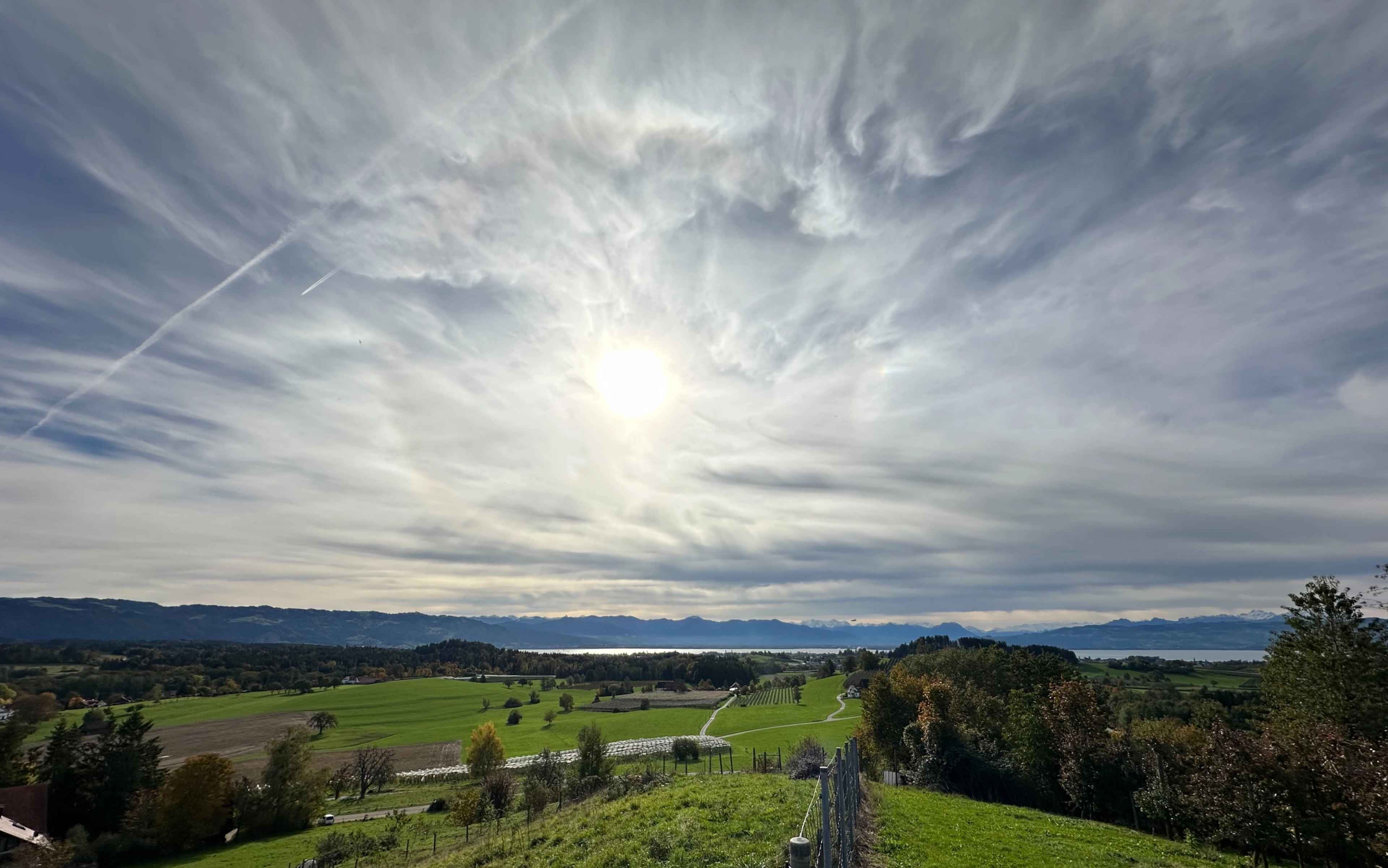Panorama mit grünen Feldern, Bäumen, Bodensee im Hintergrund und Berge unter einem bewölkten Himmel mit Sonnenschein.