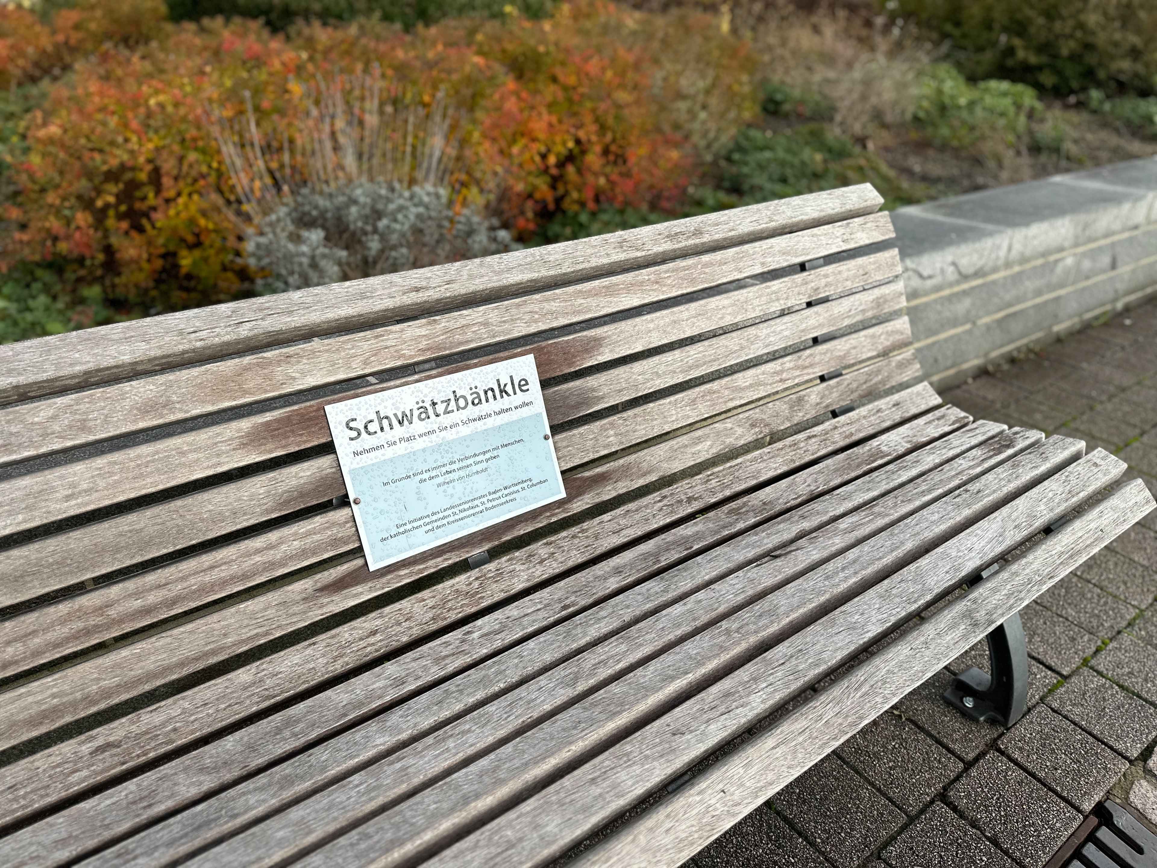 Eine Holzbank mit einer Plakette, auf der "Schwätzbänkle" steht, vor einem herbstlichen Hintergrund aus Pflanzen.