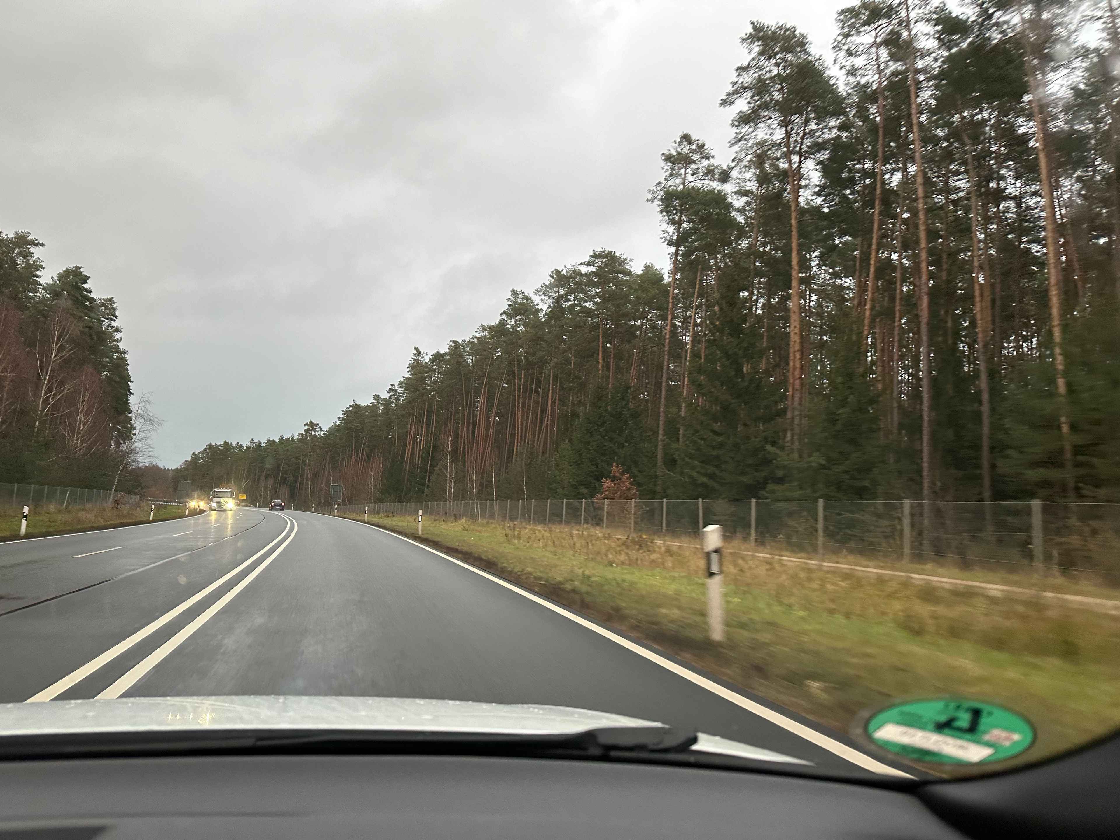Blick aus dem Auto auf eine nasse Landstraße mit doppelter Mittellinie, umgeben von Wäldern, unter grauem bewölkten Himmel.